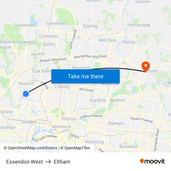 Essendon West to Eltham map