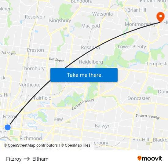 Fitzroy to Eltham map