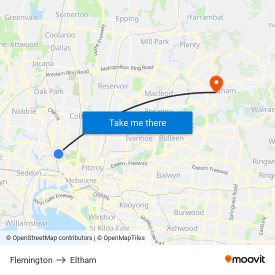 Flemington to Eltham map