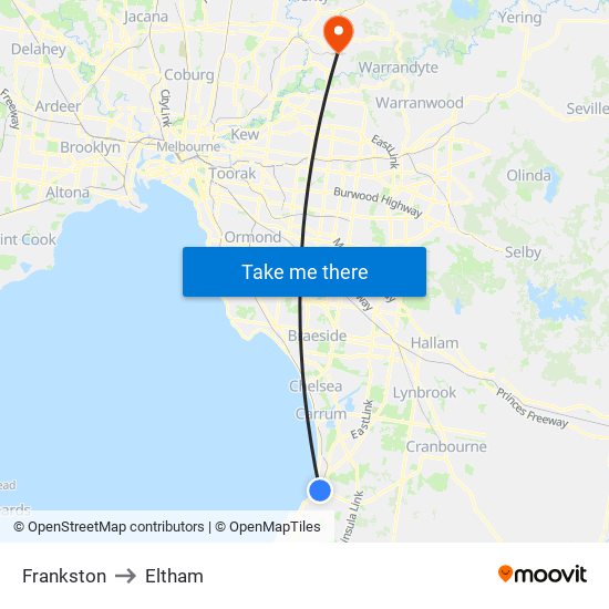 Frankston to Eltham map