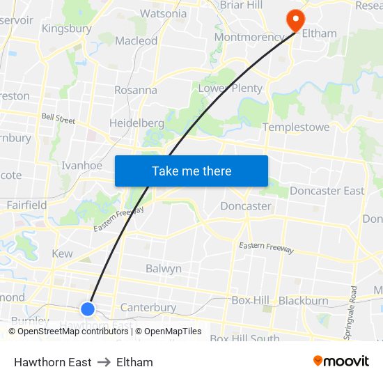 Hawthorn East to Eltham map