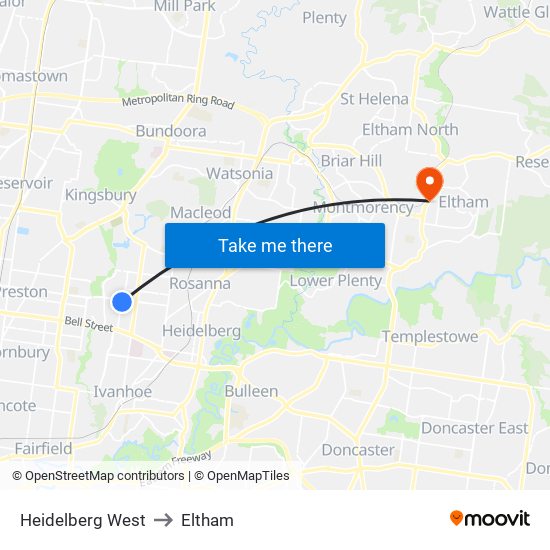 Heidelberg West to Eltham map