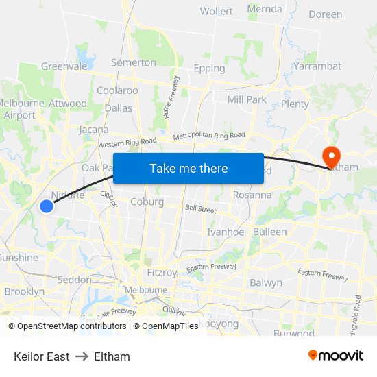 Keilor East to Eltham map