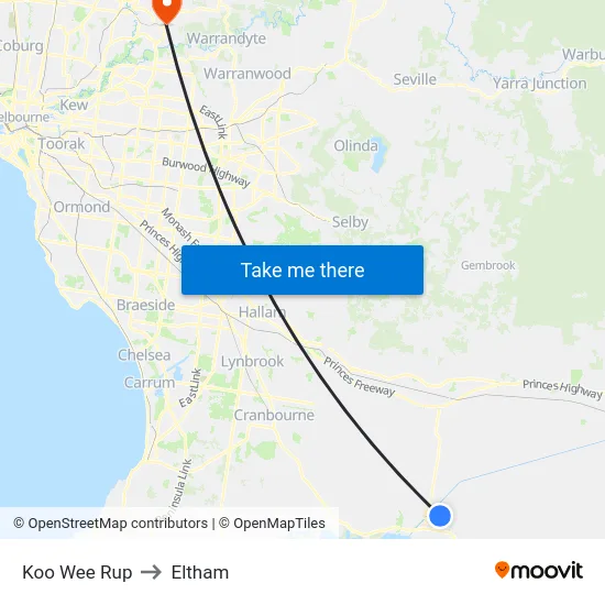 Koo Wee Rup to Eltham map