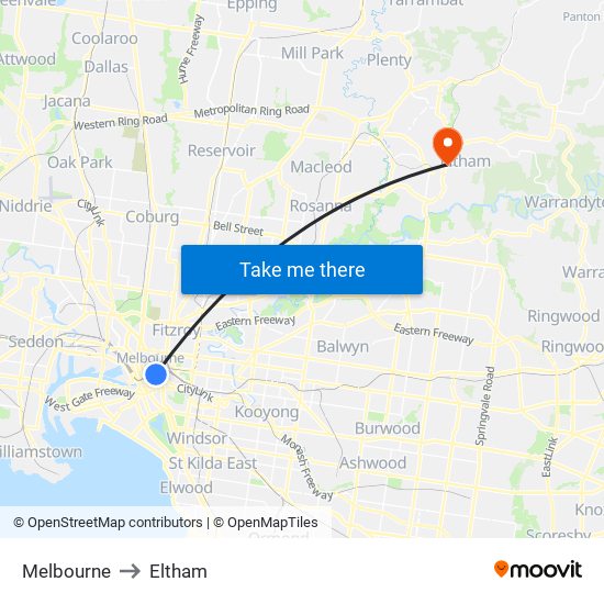 Melbourne to Eltham map