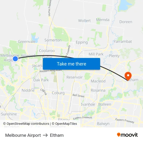 Melbourne Airport to Eltham map