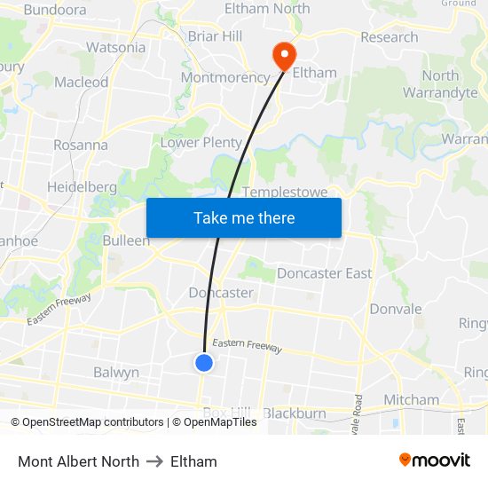 Mont Albert North to Eltham map