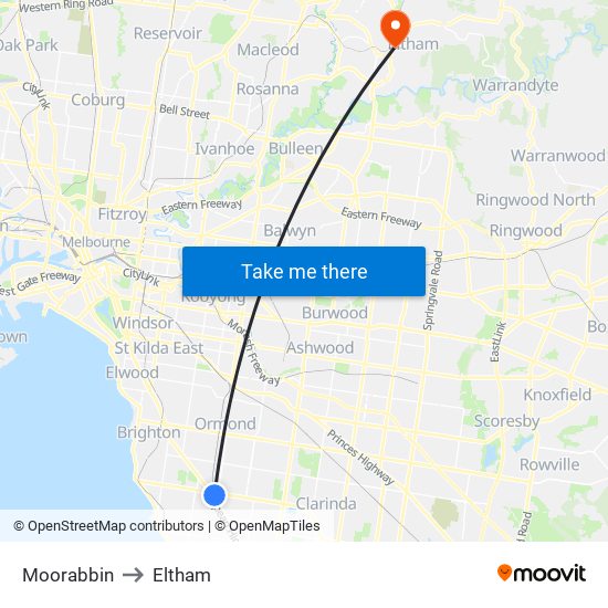 Moorabbin to Eltham map