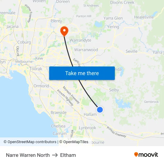 Narre Warren North to Eltham map