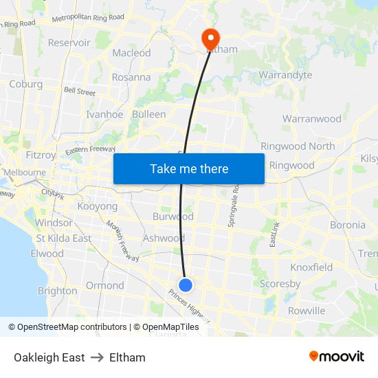 Oakleigh East to Eltham map