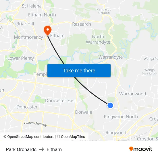 Park Orchards to Eltham map