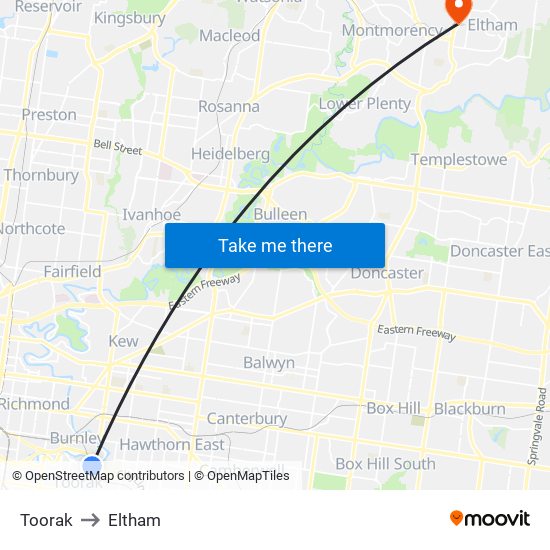 Toorak to Eltham map