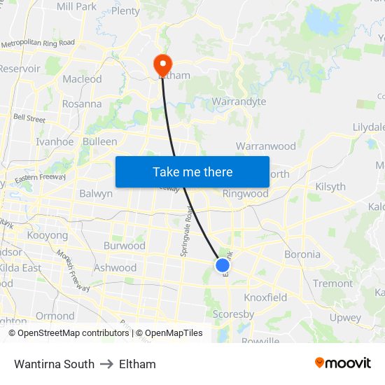 Wantirna South to Eltham map