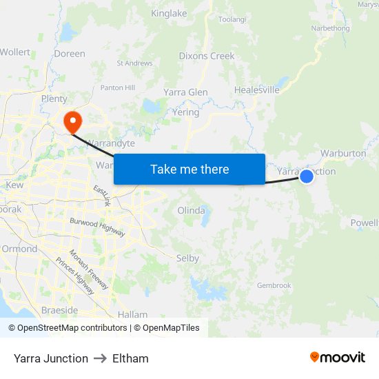 Yarra Junction to Eltham map