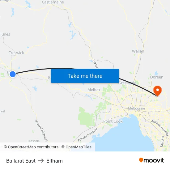 Ballarat East to Eltham map