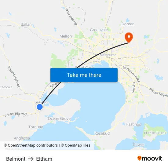 Belmont to Eltham map