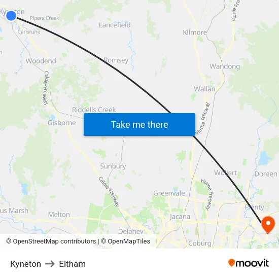 Kyneton to Eltham map