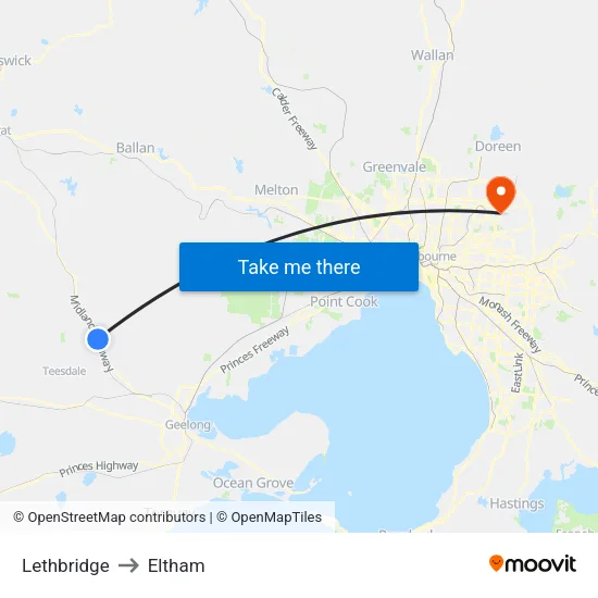 Lethbridge to Eltham map