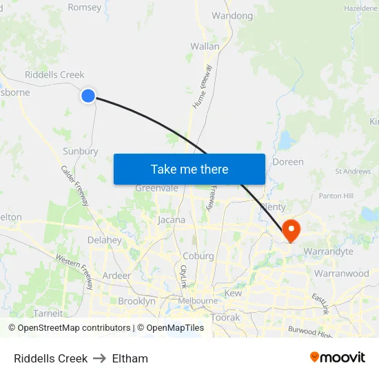 Riddells Creek to Eltham map