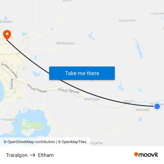 Traralgon to Eltham map