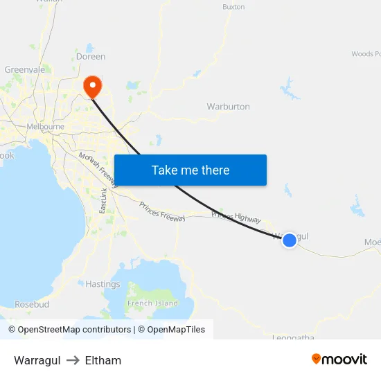 Warragul to Eltham map