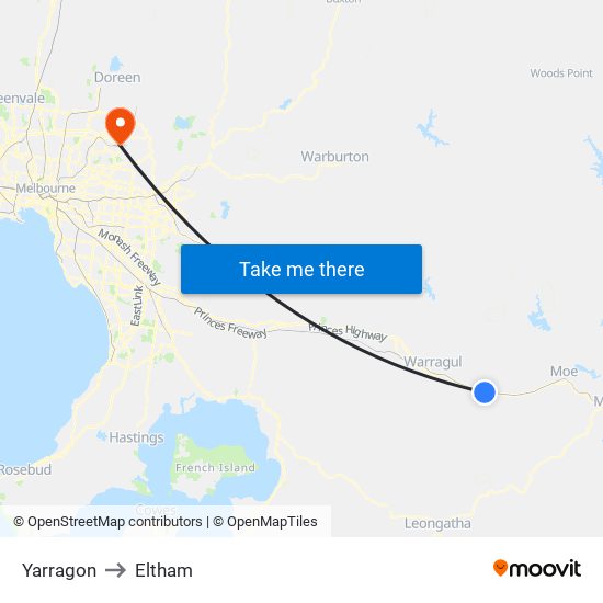 Yarragon to Eltham map