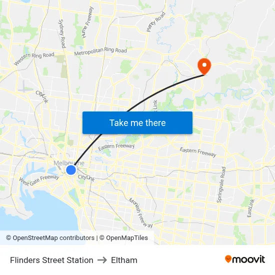 Flinders Street Station to Eltham map