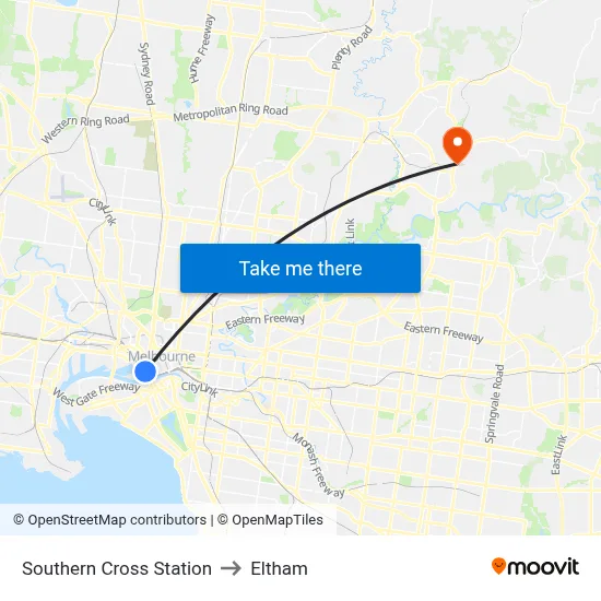 Southern Cross Station to Eltham map