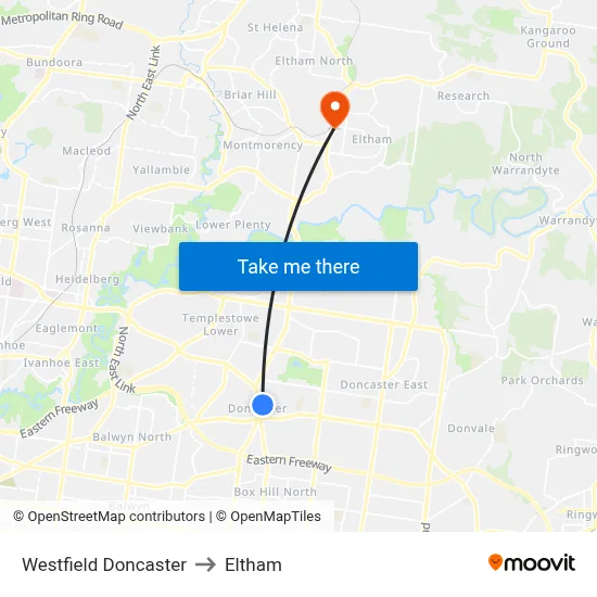 Westfield Doncaster to Eltham map