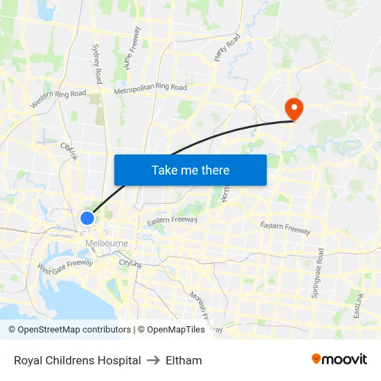 Royal Childrens Hospital to Eltham map