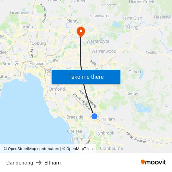 Dandenong to Eltham map