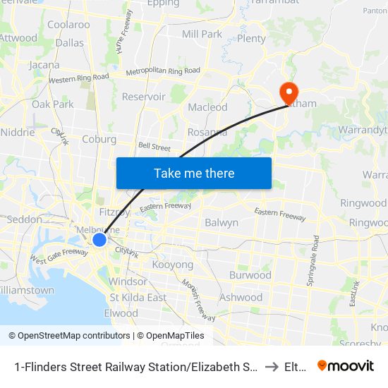 1-Flinders Street Railway Station/Elizabeth St (Melbourne City) to Eltham map