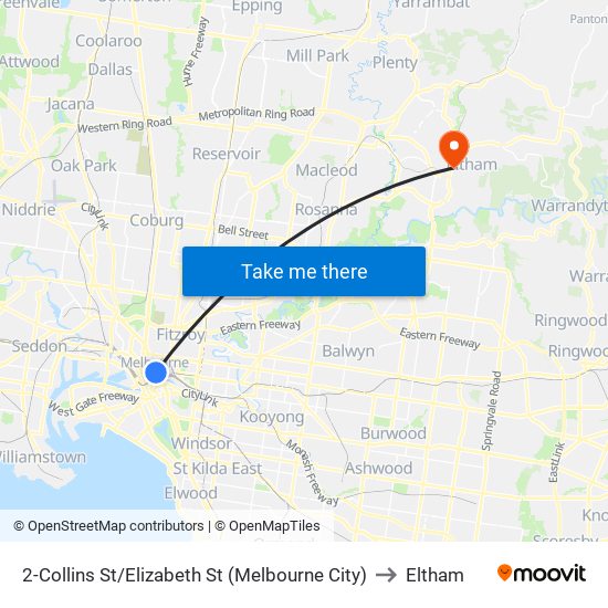 2-Collins St/Elizabeth St (Melbourne City) to Eltham map