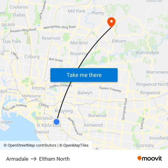 Armadale to Eltham North map