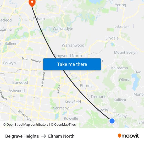 Belgrave Heights to Eltham North map