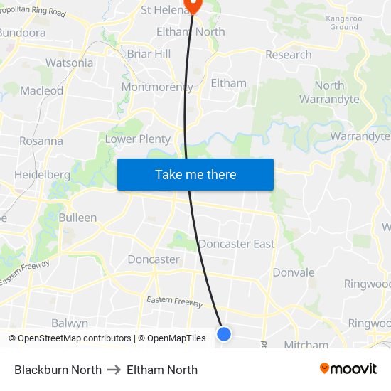 Blackburn North to Eltham North map