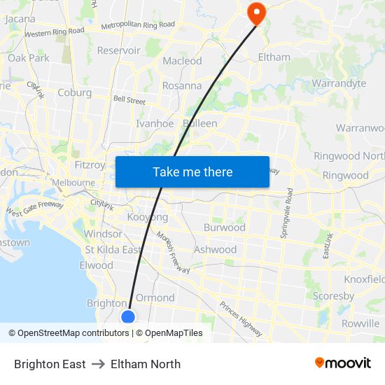 Brighton East to Eltham North map