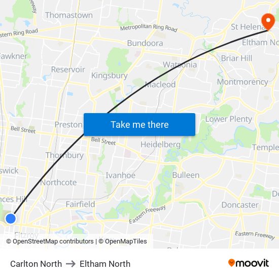 Carlton North to Eltham North map