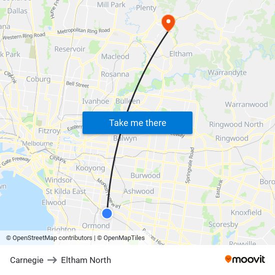 Carnegie to Eltham North map