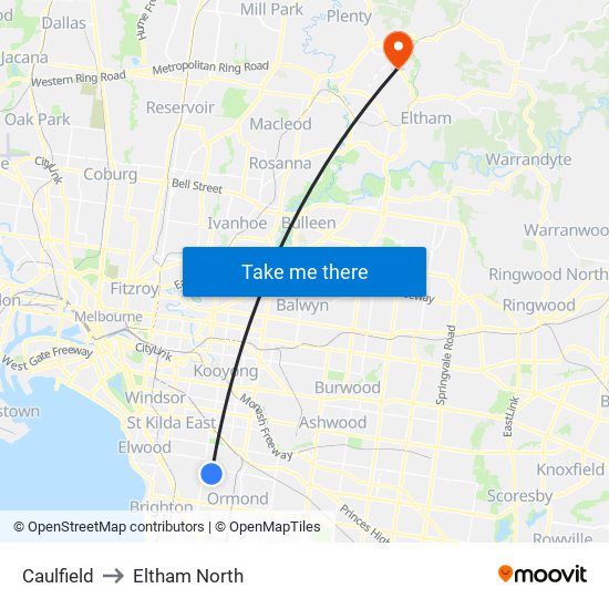 Caulfield to Eltham North map