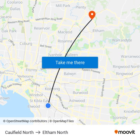 Caulfield North to Eltham North map