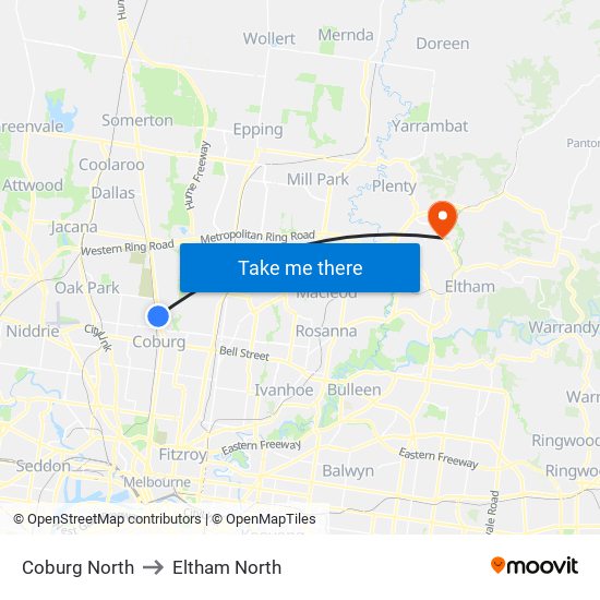 Coburg North to Eltham North map