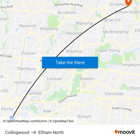 Collingwood to Eltham North map