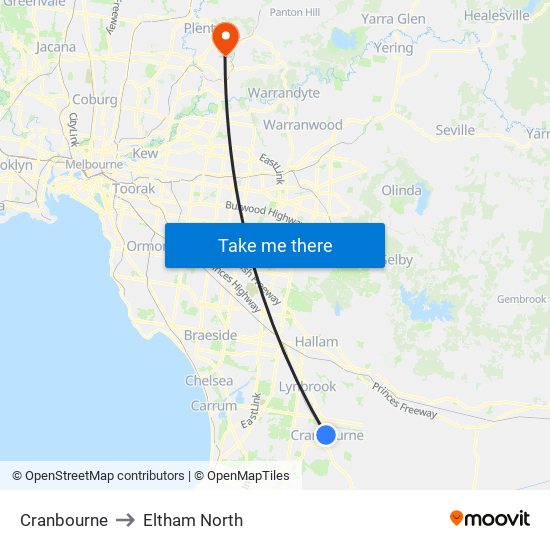 Cranbourne to Eltham North map