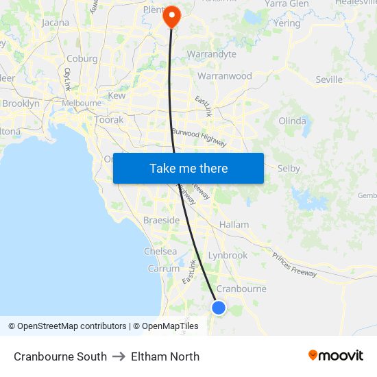 Cranbourne South to Eltham North map