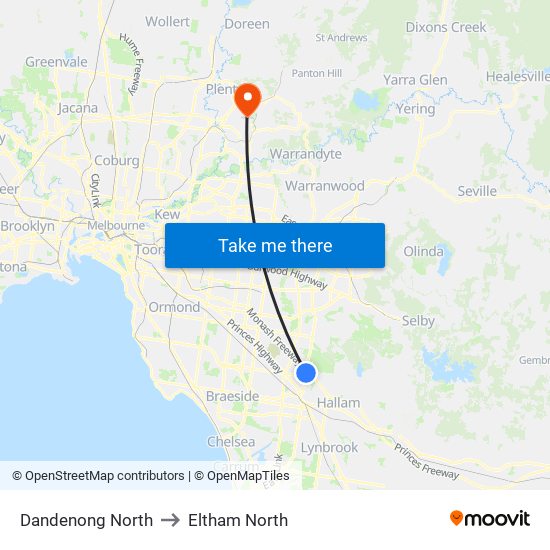Dandenong North to Eltham North map