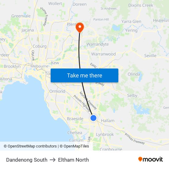 Dandenong South to Eltham North map