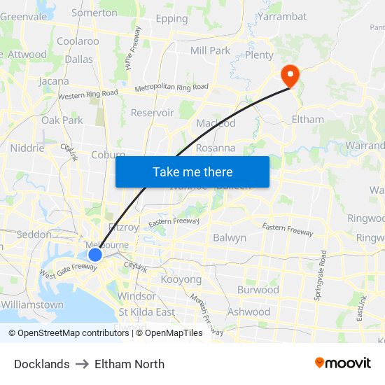 Docklands to Eltham North map