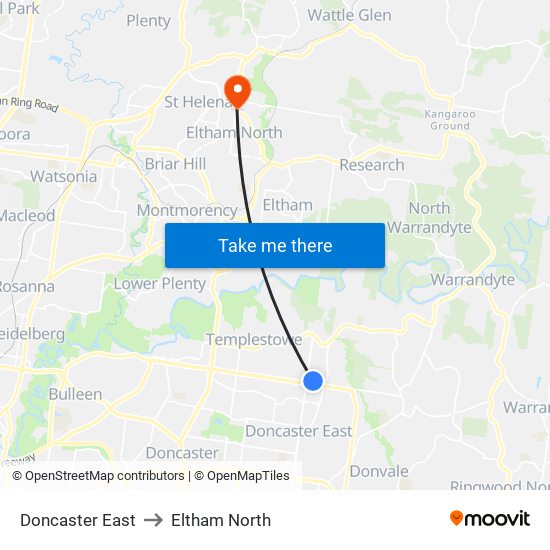 Doncaster East to Eltham North map