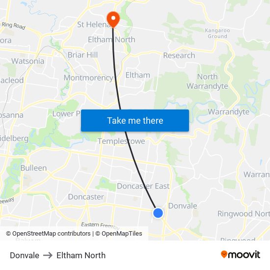 Donvale to Eltham North map